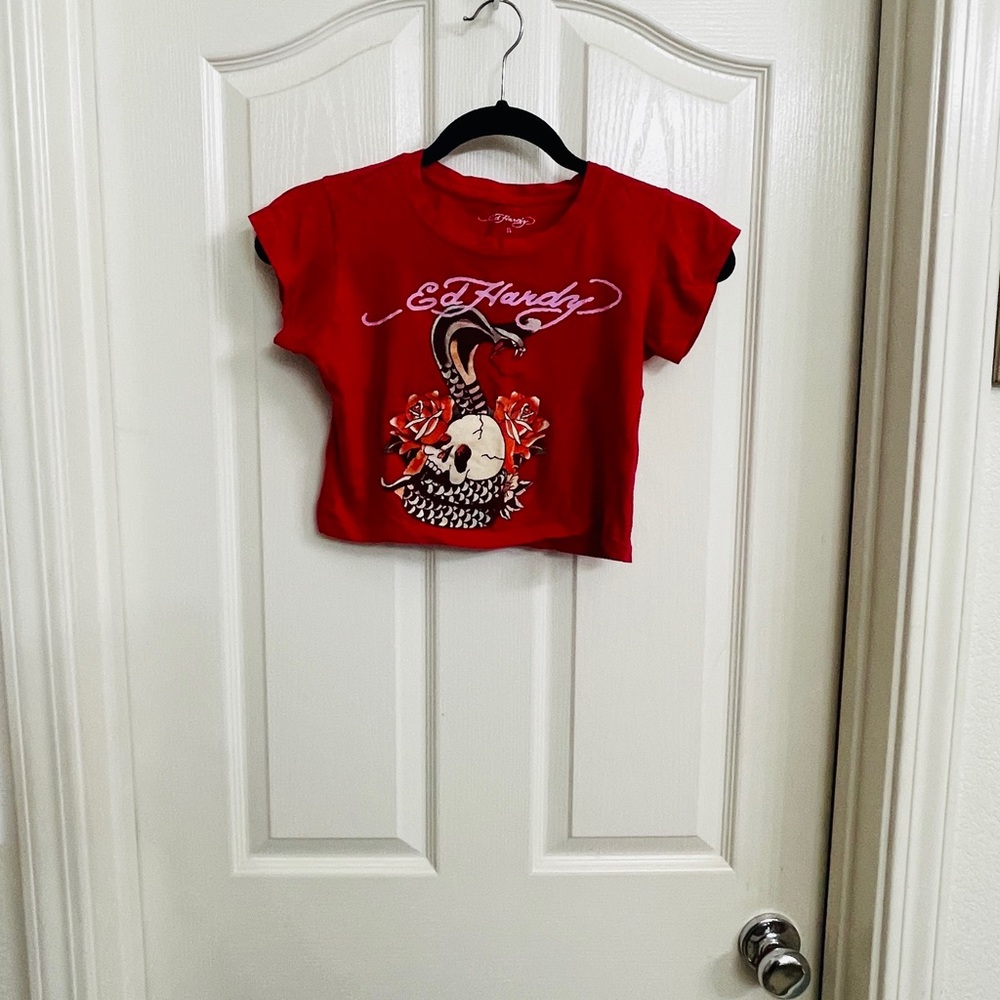Ed Hardy Red Skull Graphic Crop Top Size Small